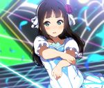  1girl bangs black_hair blue_feathers blurry blurry_background blush feathers flower green_eyes hair_flower hair_ornament hair_ribbon hairband hand_on_own_elbow icehotmilktea kurosawa_dia light_beam long_hair looking_at_viewer love_live! love_live!_sunshine!! mole mole_under_mouth open_mouth red_flower red_rose ribbon rose short_sleeves skirt solo water_blue_new_world white_ribbon 