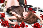  1girl absurdres ahoge alternate_costume armlet armpits bangs black_dress blunt_bangs blush bottle breasts brown_hair casual choker cleavage closed_mouth covered_navel cup dress drinking_glass dsr-50_(girls_frontline) dsr-50_(weapon) eyebrows_visible_through_hair flower girls_frontline gold_footwear gun hair_over_shoulder higandgk highres jewelry knees_up large_breasts leaning_back long_hair looking_at_viewer lying necklace no_bra on_back pendant petals pumps red_eyes rifle ring rose ruby_(stone) sideboob sidelocks sitting skindentation smile solo thighs very_long_hair weapon 