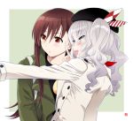  2girls :d :o adapted_costume beret black_hat black_shirt blue_eyes blush breasts brown_eyes brown_hair female green_jacket hat implied_self_shot index_finger_raised jacket kantai_collection kashima_(kantai_collection) large_breasts long_hair long_sleeves looking_to_the_side multiple_girls ooi_(kantai_collection) open_mouth outstretched_arm shirt silver_hair simple_background smile sumeragi_hamao tsurime twintails v wavy_hair white_background white_jacket 