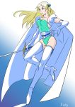  1girl blonde_hair blue_eyes boots breasts cape celes_chere cleavage commentary_request final_fantasy final_fantasy_vi green_leotard high_heel_boots high_heels highleg highleg_leotard leotard long_hair sio2_(nisankakeiso) solo sword thigh-highs thigh_boots weapon 