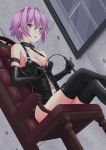  arm_strap armpits bangs bare_shoulders bdsm black_footwear black_gloves blush bondage boots bound breasts chair cleavage collar commentary_request elbow_gloves eyebrows_visible_through_hair fang from_below gloves highres holding_whip kantai_collection looking_at_viewer medium_breasts navel open_mouth purple_hair red_eyes remodel_(kantai_collection) short_hair sidelocks sitting skindentation solo taira_yuuki tama_(kantai_collection) thigh-highs thigh_boots thighs whip window wrist_straps 