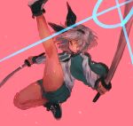  1girl alternate_costume bare_legs black_bow bow closed_mouth commentary_request dual_wielding green_shorts grey_eyes grey_hair hair_bow hair_over_one_eye hair_ribbon highres holding holding_sword holding_weapon jacket katana kicking konpaku_youmu long_sleeves looking_at_viewer masanaga_(tsukasa) pink_background ribbon shirt shoes short_hair shorts sketch sneakers solo sword touhou track_jacket weapon 