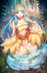  1girl aqua_hair artist_name bare_shoulders breasts bridal_gauntlets bride cleavage covered_navel dress fire_emblem fire_emblem:_rekka_no_ken fire_emblem_heroes full_body hair_ornament large_breasts long_hair ninian one_eye_closed open_mouth partially_submerged red_eyes sidelocks signature skirt_hold smile solo standing streya wedding_dress 