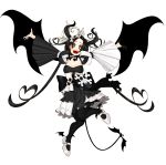  1girl ankle_wings black_bow black_eyes black_gloves black_hair black_legwear black_neckwear black_wings bow bowtie breasts cleavage commentary_request demon_girl demon_horns demon_wings dress frilled_sleeves frills full_body gloves half_gloves headdress heart highres horns kafuka_(gunzinkafuka) long_hair mary_janes medium_breasts mismatched_gloves open_mouth original pantyhose shoes simple_background skull_and_crossbones smile solo symbol-shaped_pupils white_background white_footwear white_gloves wide_sleeves wings 