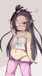  1girl bangs_pinned_back bare_arms bare_shoulders black_hair black_panties blush breasts camisole cleavage collarbone commentary_request eyepatch granblue_fantasy groin hair_bobbles hair_ornament harvin holding long_hair lunalu_(granblue_fantasy) mars_symbol medical_eyepatch navel panties pants pants_pull parted_lips pink_pants pointy_ears pulled_by_self ra_i small_breasts solo track_pants underwear very_long_hair violet_eyes white_camisole 