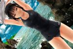  1girl ano_hito armpits black_hair brown_hair clouds dutch_angle highres looking_at_viewer original school_swimsuit sky smile solo stretch swimsuit undressing water 