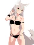  1girl absurdres animal_ears black_panties bracelet breasts criss-cross_halter eyebrows_visible_through_hair green_eyes grey_hair halterneck hand_in_hair hand_up highres jewelry legs_apart long_hair medium_breasts navel nezuko o-ring_panties original panties simple_background solo standing tail underwear white_background wristband 