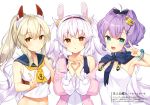  3girls :d :o anchor_symbol animal_ears ascot ayanami_(azur_lane) azur_lane bangs bare_shoulders bekotarou black_ribbon blue_eyes blue_sailor_collar breasts brown_eyes camisole closed_mouth collarbone crown eyebrows_visible_through_hair hair_between_eyes hair_ornament hair_ribbon hairband hand_up hands_up headgear heart heart_hands highres jacket javelin_(azur_lane) laffey_(azur_lane) light_brown_hair long_hair long_sleeves medium_breasts mini_crown multiple_girls navel off_shoulder open_mouth parted_lips pink_jacket ponytail print_neckwear purple_hair rabbit_ears red_eyes red_hairband ribbon sailor_collar school_uniform serafuku shirt silver_hair simple_background sleeveless sleeveless_shirt smile twintails v very_long_hair white_background white_camisole white_shirt yellow_neckwear 
