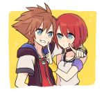  1boy 1girl blue_eyes breasts brown_hair gloves hood hoodie jewelry jyaco7777 kairi_(kingdom_hearts) kingdom_hearts kingdom_hearts_i necklace redhead short_hair small_breasts smile sora_(kingdom_hearts) spiky_hair 