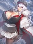  1girl azur_lane breasts brown_gloves brown_legwear cleavage clouds cloudy_sky commentary_request cowboy_shot dutch_angle eyebrows_visible_through_hair fur-trimmed_jacket fur_trim gloves graf_zeppelin_(azur_lane) hand_on_own_chest hat highres huge_breasts jacket jacket_on_shoulders long_hair long_sleeves looking_at_viewer melon22 miniskirt pantyhose parted_lips peaked_cap pleated_skirt skirt sky solo standing violet_eyes white_hair 
