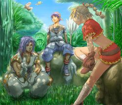  2boys blonde_hair braid breasts chrono_cross commentary_request dinosaur groin jewelry karsh kid_(chrono_cross) leah long_hair midriff multiple_boys multiple_girls necklace ponytail serge short_hair 