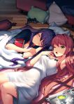  2girls arm_behind_head armpits blanket book brown_hair commentary controller cup doki_doki_literature_club english_commentary eyebrows_visible_through_hair game_controller green_eyes hair_down hair_ornament hairclip long_hair looking_at_viewer lying monika_(doki_doki_literature_club) multiple_girls official_art on_back on_floor on_side one_eye_closed open_mouth pillow purple_hair satchely sleeping teacup tray under_covers very_long_hair window_shade wooden_floor yawning yuri_(doki_doki_literature_club) 