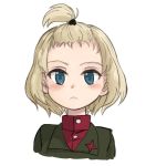  1girl alternate_hairstyle bangs blonde_hair blue_eyes closed_mouth commentary cropped_torso emblem eyebrows_visible_through_hair forehead front_ponytail frown girls_und_panzer green_jacket hair_tie hair_up jacket katyusha long_sleeves looking_at_viewer nogitatsu portrait pravda_school_uniform red_shirt school_uniform shirt short_hair simple_background solo turtleneck white_background 