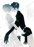  2others androgynous antarcticite closed_eyes colored_eyelashes crack crying elbow_gloves eyes_visible_through_hair face-to-face forehead-to-forehead gem_uniform_(houseki_no_kuni) gloves green_hair hiiragi_mina houseki_no_kuni light_smile long_bangs phosphophyllite short_hair silver_hair tears white_hair 