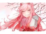  1girl artist_name breasts cherry cherry_blossoms closed_eyes commentary darling_in_the_franxx fang floral_background food fruit hairband highres horns long_hair orange_neckwear oretsuu pink_background pink_hair red_horns smile solo uniform white_hairband zero_two_(darling_in_the_franxx) 