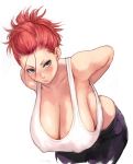  1girl :| arms_behind_back bare_shoulders bent_over blush breasts cleavage closed_mouth collarbone crop_top curvy erect_nipples grey_eyes grey_pants hair_up hanging_breasts hips huge_breasts leaning_forward mikanman original pants redhead tank_top white_tank_top 