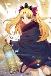  1girl absurdres bangs birdcage black_cape black_legwear blonde_hair bow cage cape chains closed_mouth commentary_request dutch_angle earrings ereshkigal_(fate/grand_order) eyebrows_visible_through_hair fate/grand_order fate_(series) fur-trimmed_cape fur_trim hair_bow highres holding infinity jewelry long_hair looking_at_viewer looking_back makise_medaka parted_bangs purple_bow red_eyes smile solo thigh-highs tiara two_side_up very_long_hair 
