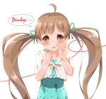  1girl ahoge arms_up bangs blush brown_hair cowboy_shot dress english eyebrows_visible_through_hair green_dress green_ribbon hair_ribbon hakozaki_serika idolmaster idolmaster_million_live! long_hair looking_at_viewer open_mouth orange_eyes pinky_swear red_string ribbon sakurayu777 shawl simple_background solo speech_bubble string twintails very_long_hair white_background 