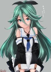  1girl bangs black_ribbon black_serafuku black_skirt blue_eyes blue_ribbon blush breasts closed_mouth detached_sleeves green_eyes green_hair grey_background hair_between_eyes hair_ornament hair_ribbon hairclip head_tilt highres kantai_collection long_hair looking_at_viewer messy_hair neckerchief parted_bangs pleated_skirt ponytail ribbon sazamiso_rx school_uniform serafuku sidelocks simple_background skirt solo tearing_up yamakaze_(kantai_collection) 