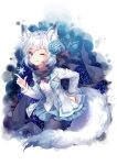  animal_ears blue_eyes blue_skirt bow coat flower fox_ears fox_tail hieihirai hydrangea one_eye_closed original scarf short_hair skirt smile tail tongue tongue_out white_hair 