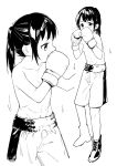  1girl boxer boxers boxing_gloves breasts commentary_request covered_mouth fighting_stance greyscale hands_up highres legs_apart looking_at_viewer monochrome muchi_maro multiple_views original ponytail shoes small_breasts standing underwear 