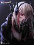  1girl bandage bangs black_background breasts chromatic_aberration cleavage commentary_request girls_frontline hand_to_own_mouth headgear highres jacket litz_pics long_hair looking_at_viewer m4_sopmod_ii_(girls_frontline) multicolored_hair prosthesis prosthetic_arm red_eyes silver_hair solo streaked_hair twitter_username 