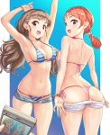  2girls :d alternate_hairstyle armpits arms_up ass bangs bikini bikini_under_clothes blue_bikini blunt_bangs blush bracelet breasts brown_hair butt_crack cellphone cleavage drill_hair fingernails from_behind hair_ornament halterneck hhama highres houjou_karen idolmaster idolmaster_cinderella_girls jewelry kamiya_nao long_fingernails long_hair looking_at_viewer looking_back low_twintails medium_breasts multiple_girls navel open_mouth open_pants orange_hair pants_pull phone pink_bikini pinky_out red_eyes short_shorts shorts side-tie_bikini sideboob smartphone smile string_bikini striped striped_bikini swimsuit thong thong_bikini twin_drills twintails 