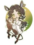 1girl :o animal_ears animal_puppet arm_belt belt brown_belt brown_hair centauroid chibi circle collared_shirt covering_own_mouth curly_hair deer_ears deer_girl deer_tail ear_tag full_body green_background green_eyes hair_over_shoulder hand_over_own_mouth hand_puppet hands_up highres jessica_(reverse:1999) kagari6496 long_hair long_sleeves looking_at_viewer no_pupils parted_bangs puppet reverse:1999 shirt solo tail taur two-tone_background white_background white_shirt 