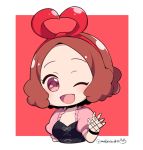  1girl :d ;d blush brown_eyes brown_hair chibi commentary_request corset do_m_kaeru fishnet_gloves fishnets gloves hair_ribbon heart_ribbon okumura_haru one_eye_closed open_mouth persona persona_5 persona_5:_dancing_star_night ribbon short_hair smile solo twitter_username upper_body 