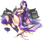  1girl artist_request black_legwear breasts broken broken_weapon cleavage full_body geta hair_over_one_eye japanese_clothes kimono kinkazan_(oshiro_project) large_breasts long_hair looking_at_viewer official_art one_eye_closed oshiro_project oshiro_project_re polearm purple_hair purple_kimono red_eyes shoes_removed snake solo spear thigh-highs torn_clothes torn_thighhighs transparent_background very_long_hair weapon 