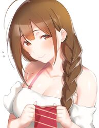  1girl ahoge bangs bare_shoulders blush braid breasts brown_eyes brown_hair cleavage collarbone flying_sweatdrops hair_over_shoulder head_tilt highres holding_neckwear idolmaster idolmaster_shiny_colors kuwayama_chiyuki large_breasts long_braid long_hair looking_at_viewer necktie nekoshoko out_of_frame pov simple_background smile solo upper_body white_background 