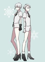  2others androgynous antarcticite back-to-back boots cairngorm_(houseki_no_kuni) colored_eyelashes gem_uniform_(houseki_no_kuni) gloves grey_eyes grey_hair high_heels houseki_no_kuni long_bangs looking_at_viewer miyuzu necktie short_hair silver_hair snowflakes white_eyes white_hair 