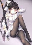  1girl aiguillette azur_lane bangs black_hair black_legwear blush bow commentary_request crotch_seam double-breasted eyebrows_visible_through_hair female gloves hair_bow hair_flaps half_gloves hand_on_own_face highres katana knee_up legs_crossed looking_at_viewer military military_uniform panties panties_under_pantyhose pantyhose pleated_skirt ponytail sheath sheathed skirt solo sword takao_(azur_lane) thighband_pantyhose underwear uniform very_long_hair weapon yellow_eyes yuurei_yashiki 