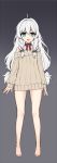  1girl :d ahoge bangs bare_legs bare_shoulders barefoot black_background black_bow blue_eyes blush bow brown_sweater collarbone full_body gradient gradient_background grey_background hair_between_eyes hair_bow highres kuro_(kuronell) long_hair long_sleeves looking_at_viewer off_shoulder open_mouth red_bow ribbed_sweater silver_hair sleeves_past_wrists smile solo soul_worker standing stella_unibell sweater very_long_hair 