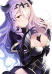  1girl armor between_breasts breasts camilla_(fire_emblem_if) cleavage cleavage_cutout fire_emblem fire_emblem_if gauntlets hair_over_one_eye hand_in_hair horn_ornament large_breasts lavender_hair long_hair looking_at_viewer ringozaka_mariko simple_background solo strap_cleavage tiara upper_body violet_eyes white_background 