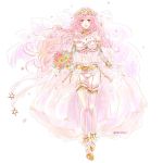  1girl blush bouquet curly_hair dress fire_emblem fire_emblem:_kakusei fire_emblem_heroes flower full_body high_heels holding holding_bouquet insarability looking_at_viewer olivia_(fire_emblem) pink_eyes pink_hair simple_background smile solo wedding_dress white_background 