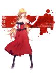  1girl bare_shoulders black_legwear blonde_hair breasts character_name cleavage commentary_request corset dress elbow_gloves fur-trimmed_dress fur-trimmed_gloves fur_trim gloves hair_between_eyes high_heels highres kiss-shot_acerola-orion_heart-under-blade kizumonogatari ks_(minusks) large_breasts long_hair monogatari_(series) pantyhose pointy_ears red_dress solo strapless strapless_dress white_footwear white_gloves yellow_eyes zoom_layer 