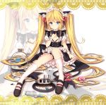  1girl absurdly_long_hair andrea_doria_(zhan_jian_shao_nyu) animal_ears apron bangs bell bendy_straw black_bow black_footwear black_panties black_skirt blonde_hair blue_eyes bow breasts cake candy cannon cat_ears cat_girl cat_tail closed_mouth cookie cup drink drinking_glass drinking_straw eyebrows_visible_through_hair food frilled_apron frills hair_between_eyes highres jianren jingle_bell kneehighs lollipop long_hair looking_at_viewer maid maid_headdress muffin panties puffy_short_sleeves puffy_sleeves red_bow ribbed_legwear ringlets shirt shoes short_sleeves sidelocks sitting skirt small_breasts solo spill swirl_lollipop tail tail_bell tail_bow thick_eyebrows tiered_tray torn_clothes torn_kneehighs torn_shirt turret twintails underwear v-shaped_eyebrows very_long_hair waist_apron white_apron white_legwear white_shirt wrist_cuffs zhan_jian_shao_nyu zoom_layer 