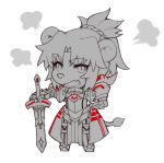  1girl =3 animal_ears armor armored_dress bangs chibi clarent fang fate_(series) full_body lion_ears lion_tail looking_at_viewer mordred_(fate) mordred_(fate)_(all) open_mouth parted_bangs ponytail scrunchie solo sword tail weapon white_background yorukun 