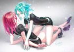  2others androgynous aqua_eyes aqua_hair blush colored_eyelashes embarrassed flyleaf gem_uniform_(houseki_no_kuni) graphite_(medium) green_eyes green_hair hair_between_eyes hand_holding houseki_no_kuni long_bangs looking_at_viewer necktie phosphophyllite red_eyes redhead shinsha_(houseki_no_kuni) short_hair signature traditional_media 