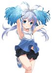  1girl absurdres armpits arms_up bangs black_skirt blue_eyes blue_footwear blue_hair blush cheerleader collarbone collared_shirt commentary_request eyebrows_visible_through_hair gochuumon_wa_usagi_desu_ka? hair_between_eyes hair_ornament hair_ribbon highres kafuu_chino kneehighs long_hair looking_at_viewer low_twintails mousou_(mousou_temporary) navel parted_lips pleated_skirt pom_poms ribbon shirt shoes sidelocks simple_background skirt sleeveless sleeveless_shirt solo standing standing_on_one_leg twintails very_long_hair white_background white_legwear white_ribbon x_hair_ornament 
