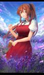  1girl alternate_costume bangs belt black_ribbon blue_sky blush breasts brown_hair clouds collared_shirt dress eyebrows_visible_through_hair field floating_hair flower flower_field girls_frontline green_eyes hair_between_eyes hair_ribbon hair_rings highres large_breasts lavender_(flower) letterboxed long_hair looking_at_viewer m1903_springfield_(girls_frontline) neck_ribbon open_mouth petals picnic_basket ponytail puffy_short_sleeves puffy_sleeves red_dress ribbon shirt short_sleeves sidelocks sky smile solo white_shirt wind wind_lift yan_h_chau 
