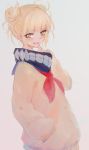  1girl :d blonde_hair boku_no_hero_academia double_bun from_side grey_background hand_in_pocket highres kisei2 looking_at_viewer neckerchief open_mouth orange_eyes red_neckwear sharp_teeth short_hair simple_background smile solo teeth toga_himiko 