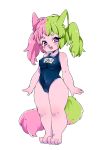  1girl :3 absurdres animal_ears eyebrows fang full_body furry green_hair highres multicolored_hair open_mouth original pink_hair purple_hair school_swimsuit seitarou smile solo swimsuit twintails two-tone_hair 