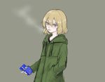  1girl bangs banira_(oocooocooocoo) blonde_hair blue_eyes cigarette cigarette_box drawstring girls_und_panzer green_coat grey_background hand_in_pocket highres holding hooded_coat katyusha looking_at_viewer mouth_hold short_hair simple_background smoke smoking solo standing upper_body 