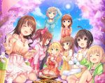  6+girls :d :o ahoge anastasia_(idolmaster) barefoot black_hair blanket blonde_hair blue_eyes blush bottle bow bowtie brown_eyes brown_hair cherry_blossoms choker chopsticks closed_eyes clothes_writing clouds commentary_request covering_mouth cup disposable_cup dress earrings eyebrows_visible_through_hair floral_print food frilled_sleeves frills futaba_anzu grass green_eyes hair_bow hair_ornament hairband hairclip half_updo hand_over_own_mouth high-waist_skirt highres holding holding_chopsticks holding_cup holding_plate hood hoodie idolmaster idolmaster_cinderella_girls igarashi_kyouko jewelry kneehighs kohinata_miho long_hair long_sleeves low_twintails multiple_girls necklace obentou one_side_up open_clothes open_hoodie open_mouth outdoors pantyhose partial_commentary petals picnic pink_hairband plate ponytail sakuma_mayu sakurai_momoka seiza shimamura_uzuki shirt short_hair shorts side_ponytail signature silver_hair sitting skirt sky smile stud_earrings stuffed_animal stuffed_bunny stuffed_toy sun sunlight sweater sweater_dress t-shirt teacup teddy_bear tree twintails u_rin wariza wavy_hair yorita_yoshino 