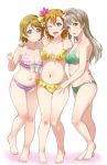  3girls :o ;d arm_around_waist barefoot bikini blue_eyes bow breasts brown_hair cleavage clenched_hand collarbone commentary_request flower front-tie_bikini front-tie_top full_body green_bikini grey_hair hair_bow hair_flower hair_ornament halterneck hand_on_another&#039;s_thigh koizumi_hanayo kousaka_honoka long_hair looking_at_viewer love_live! love_live!_school_idol_project medium_breasts medium_hair midriff minami_kotori multiple_girls navel one_eye_closed one_side_up open_mouth orange_hair pink_bikini pink_flower short_hair smile standing striped striped_bikini swimsuit turkey_min violet_eyes white_background white_bow yellow_bikini yellow_eyes yellow_flower 