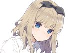  1girl black_bow blonde_hair blue_eyes blush bow closed_mouth collared_shirt commentary_request copyright_request eyebrows_visible_through_hair hairband ikeuchi_tanuma looking_at_viewer portrait shirt simple_background solo white_background wing_collar 
