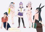  5girls ahoge animal_ears antenna_hair aoba_(kantai_collection) aqua_eyes bikini black_hair black_legwear black_leotard blue_eyes breasts brown_gloves bunny_tail bunnysuit clipboard contrapposto detached_collar front-tie_top full_body gloves green_eyes grey_background grey_hair hair_tie hakama hakama_skirt high_ponytail houshou_(kantai_collection) japanese_clothes kantai_collection kashima_(kantai_collection) kimono kinugasa_(kantai_collection) large_breasts leotard long_hair looking_at_viewer medium_breasts multiple_girls neckerchief ojipon one_eye_closed ooyodo_(kantai_collection) open_mouth pantyhose ponytail purple_hair purple_shorts rabbit_ears sandals school_uniform scrunchie serafuku short_twintails shorts side-tie_bikini sidelocks silver_hair simple_background sitting standing strapless strapless_leotard swimsuit tail tasuki thigh-highs thighband_pantyhose twintails water_gun wavy_hair white_bikini wrist_cuffs yellow_neckwear yokozuwari 