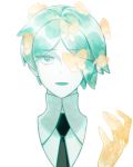  1other androgynous asymmetrical_hair bug butterfly colored_eyelashes face golden_arms green_eyes green_hair houseki_no_kuni insect looking_at_viewer necktie phosphophyllite short_hair solo sparkle transformation white_background 